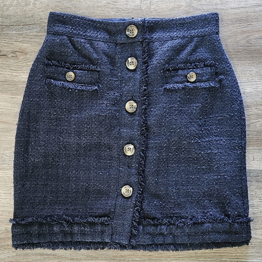Ann Taylor Midnight Blue Tweed Skirt Raw Edge Button Front